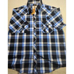 NWT COEVALS CLUB Men’s XL Western Shirt Blue Black Plaid Short Sleeve Pearl Snap